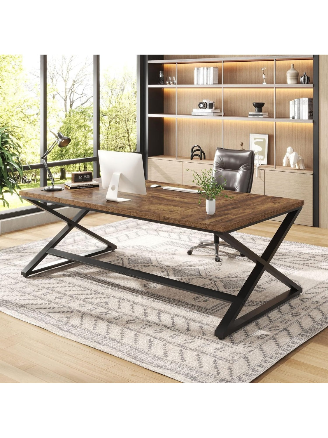 Grosser PC Schreibtisch 180 cm im rustikalen Design mit X Gestell und robuster Arbeitsplatte in Braun