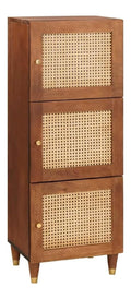 Brauner Hochschrank aus massivem Mangoholz, 40 x 33,5 x 110 cm, mit 3 Turen, Rattan-Details, vielseitiges Sideboard Buffet Cabinet fur Wohnzimmer, Flur, Schlafzimmer