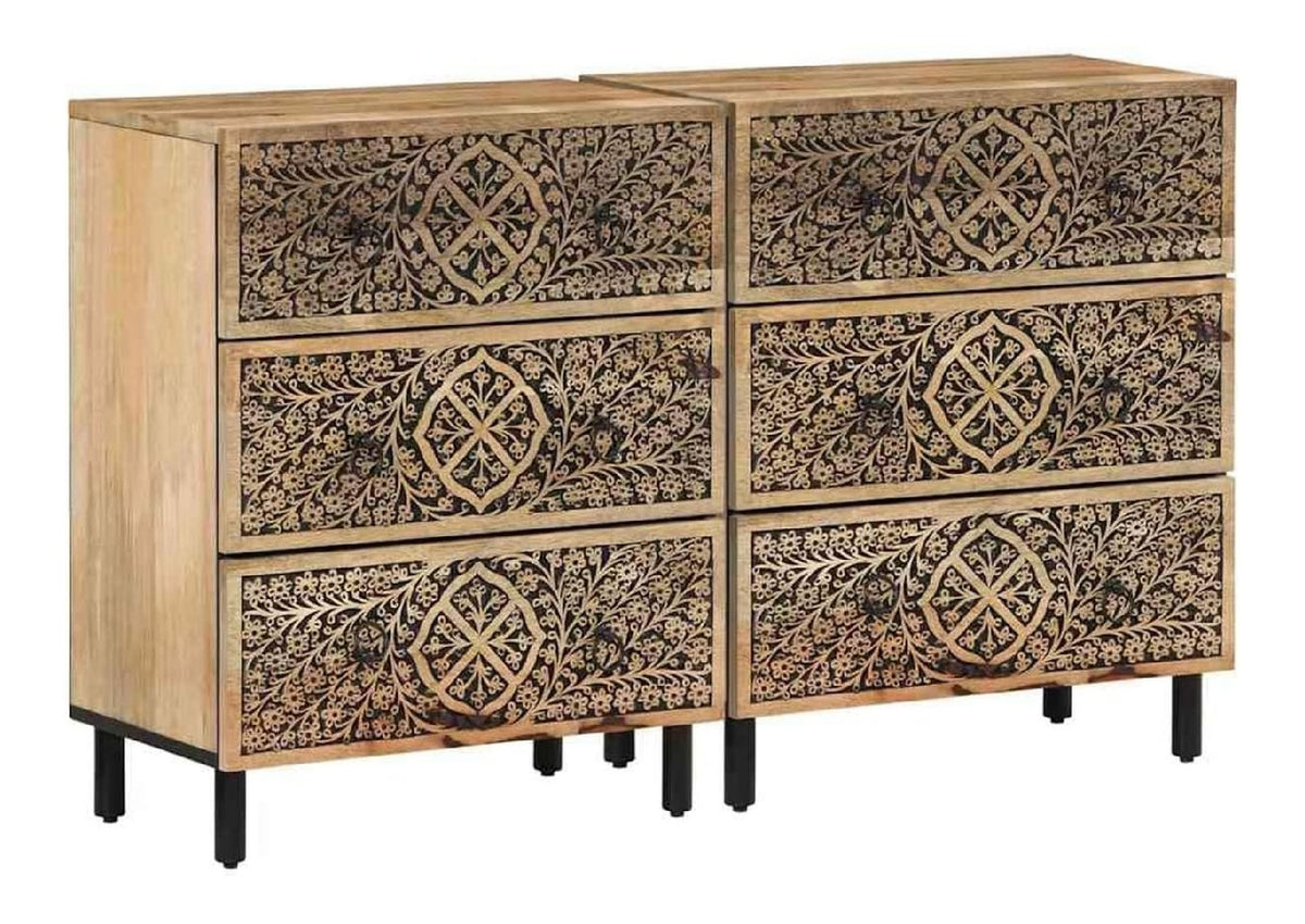 Beistellschranke 2 STK aus massivem Mangoholz 60x33x75 cm mit handgeschnitztem Muster, stabile Eisenbeine, Sideboard Buffet Cabinet mit Stauraum fur Wohnzimmer und Esszimmer