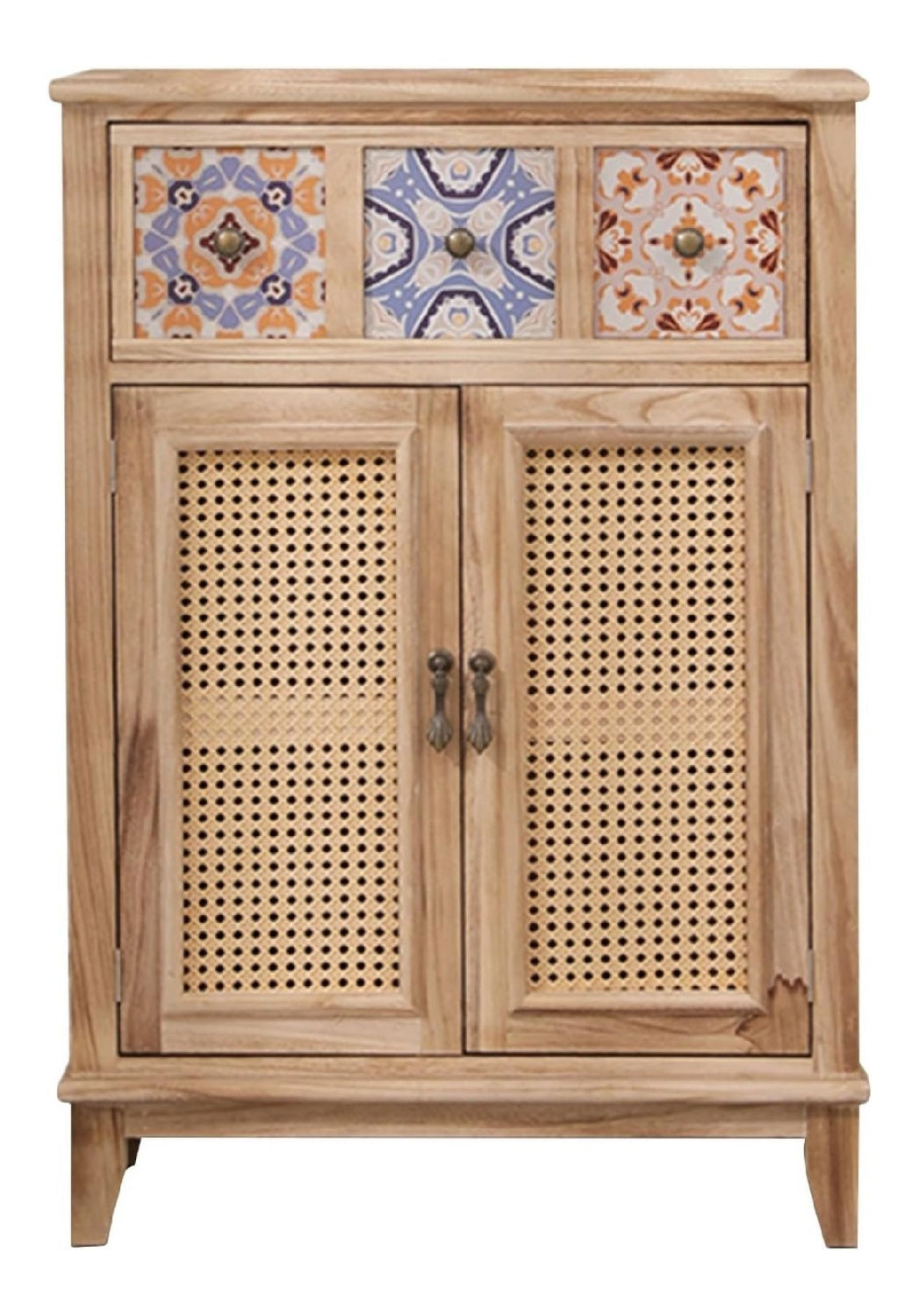 Rattan-Schrank, Akzentschrank, Schuhkonsolenschrank, Eingangsschrank, mit Aufbewahrungsschrank mit Rattan-Dekorturen fur Kuche, Esszimmer, Wohnzimmer, Flur, Buro, Eingangsbereich