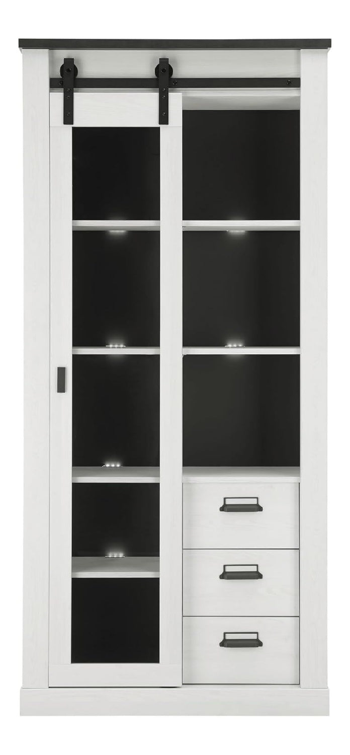 Vitrine Wohnzimmer Schrank in wei Pinie Holz und schwarz/anthrazit Hochschrank Vitrinenschrank Esszimmer im industriellen Stil Stove (Vitirne 1)
