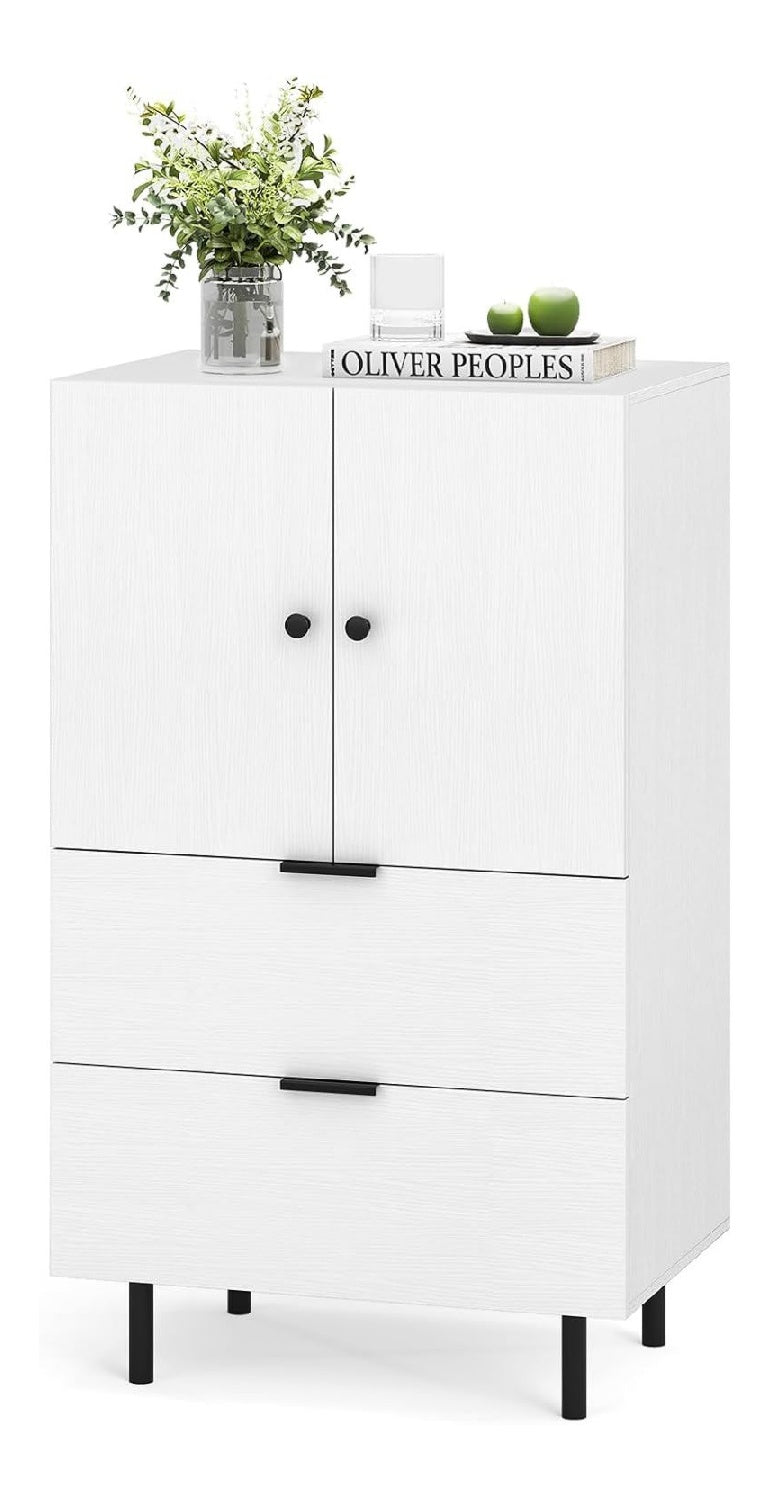 Sideboard, Kommode mit 2 Schubladen und 2 Turen, Beistellschrank mit robusten Metallfu en & Kippschutzvorrichtung, 60 x 41,5 x 102 cm (Wei )