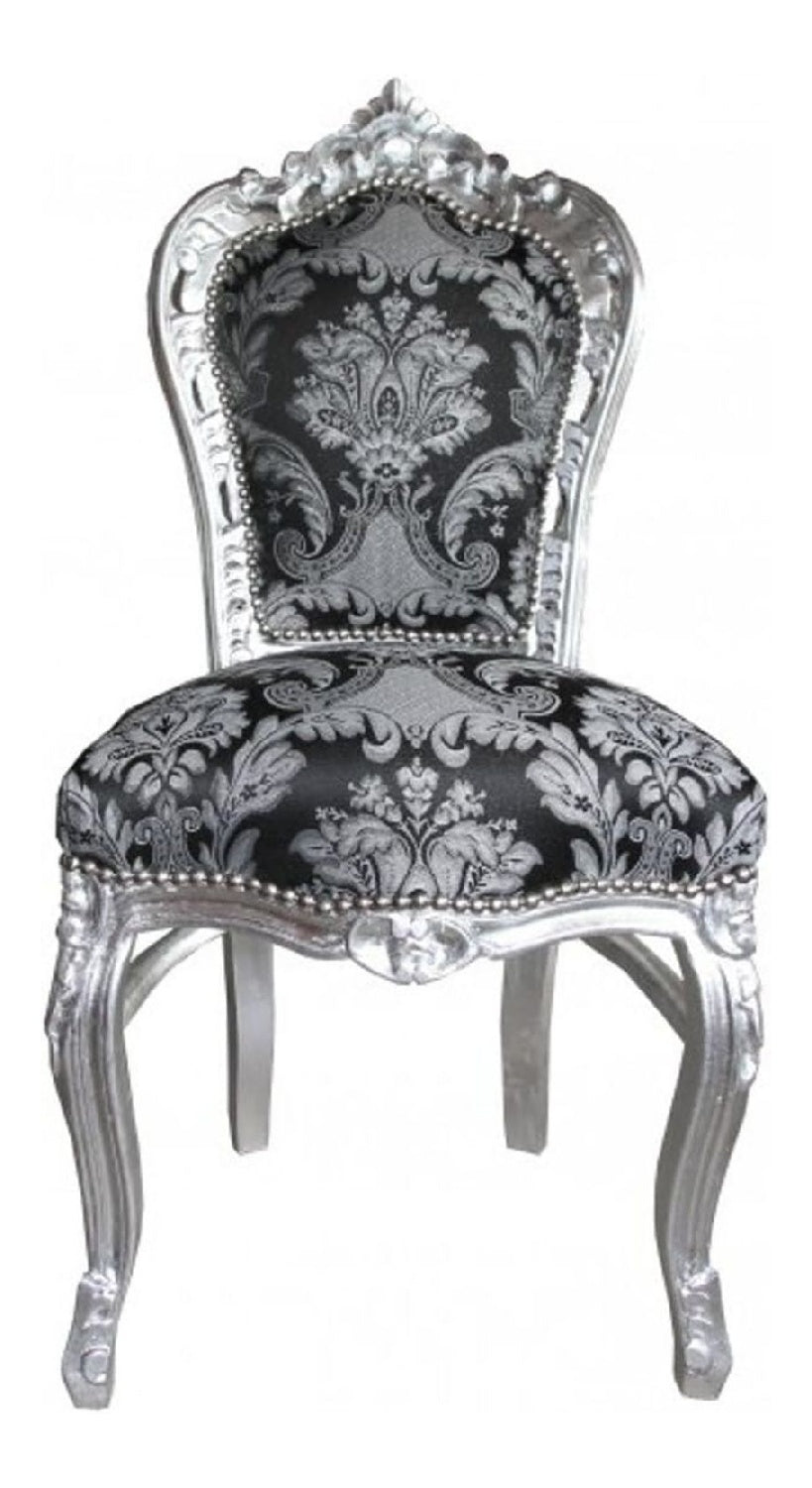 Barock Esszimmer Stuhl ohne Armlehnen Schwarz Muster/Silber - Antik Stil Mobel