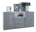 Sideboard Skadu, Kommode mit 2 Turen, 3 Schubladen und 1 offenem Fach, Wei matt/Grau Hochglanz (138,5 x 71,5 x 35 cm)