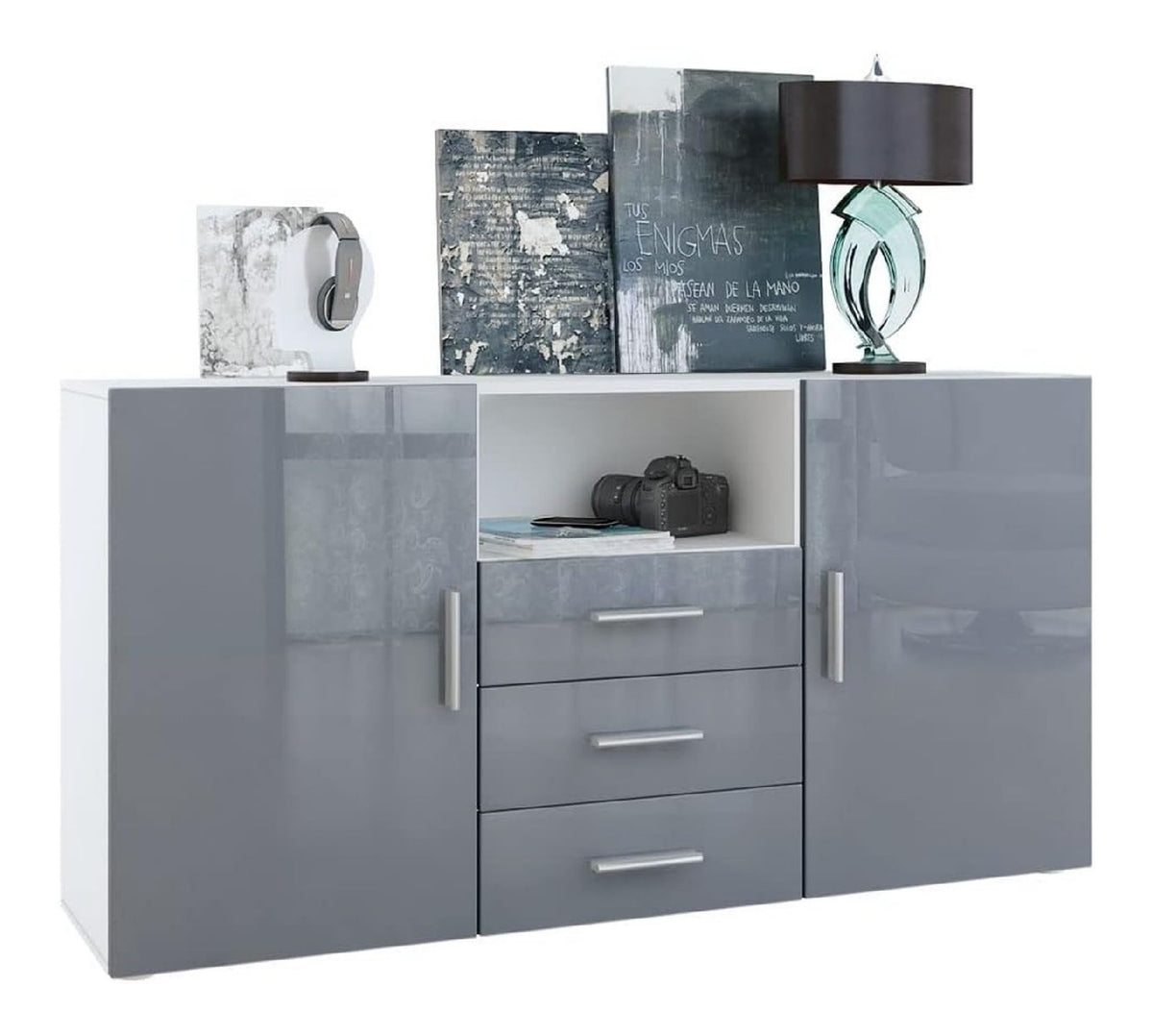 Sideboard Skadu, Kommode mit 2 Turen, 3 Schubladen und 1 offenem Fach, Wei matt/Grau Hochglanz (138,5 x 71,5 x 35 cm)