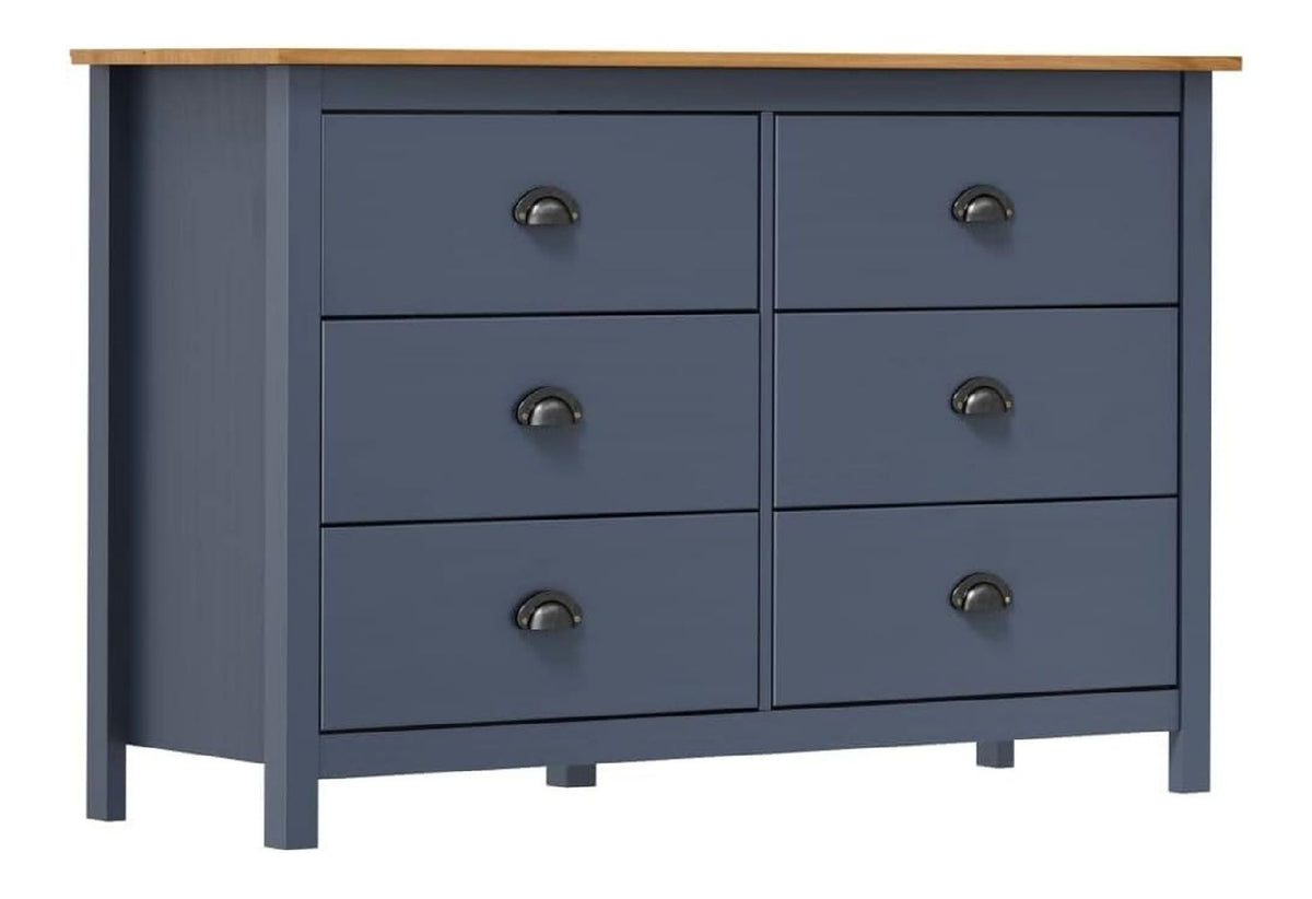 Sideboard Hill 125x40x80 cm Kiefernholz Grau-Honig 6 Schubladen Kuche Buffet Flur Wohnzimmer