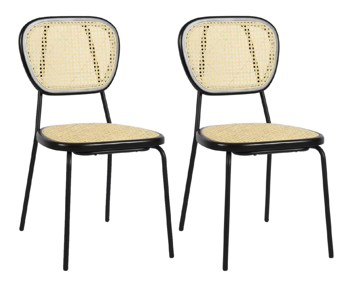 Set mit 2 skandinavischen Esszimmerstuhlen aus naturlichem Rattan, Gestell aus schwarzem Metall, Faul, Natur, 45x51x84cm