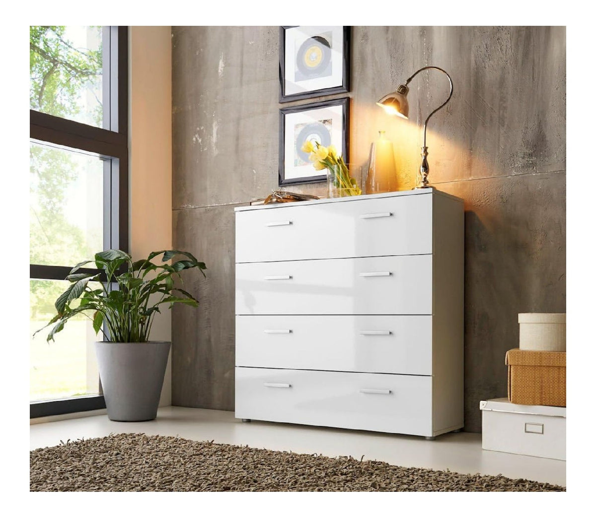 moebel-dich-auf Schubladen Kommode Sideboard Kommode Anrichte Mehrzweckschrank Highboard Schrank Malaga 3 mit 4 Schubkasten in Hochglanz wei