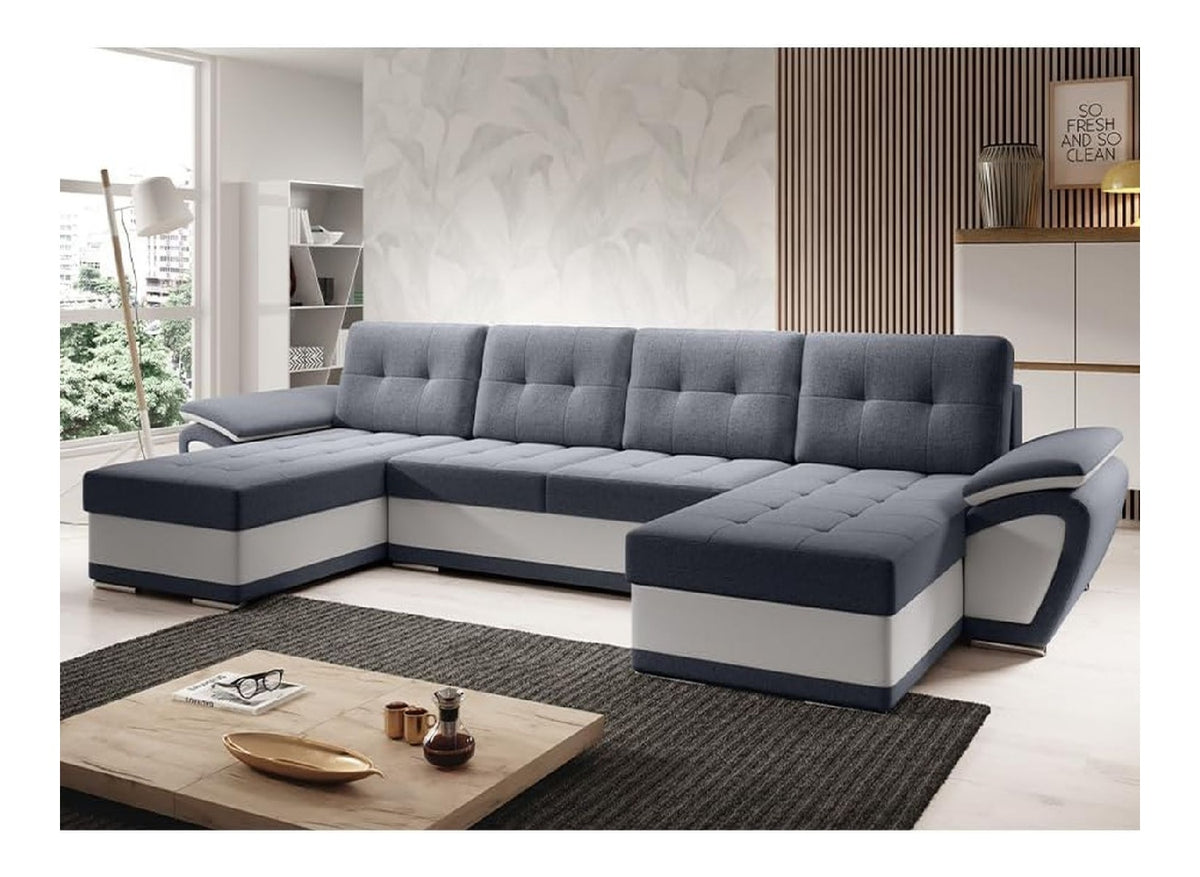 ENZO Marineblau/Weiss Eco-Leder Ecksofa U-Form 336 x 97 x 157 cm mit Schlaffunktion und Stauraum - Schlafsofa mit Bettkasten - Moderne Wohnzimmermobel - Stoff: SORO 97 + Soft 17