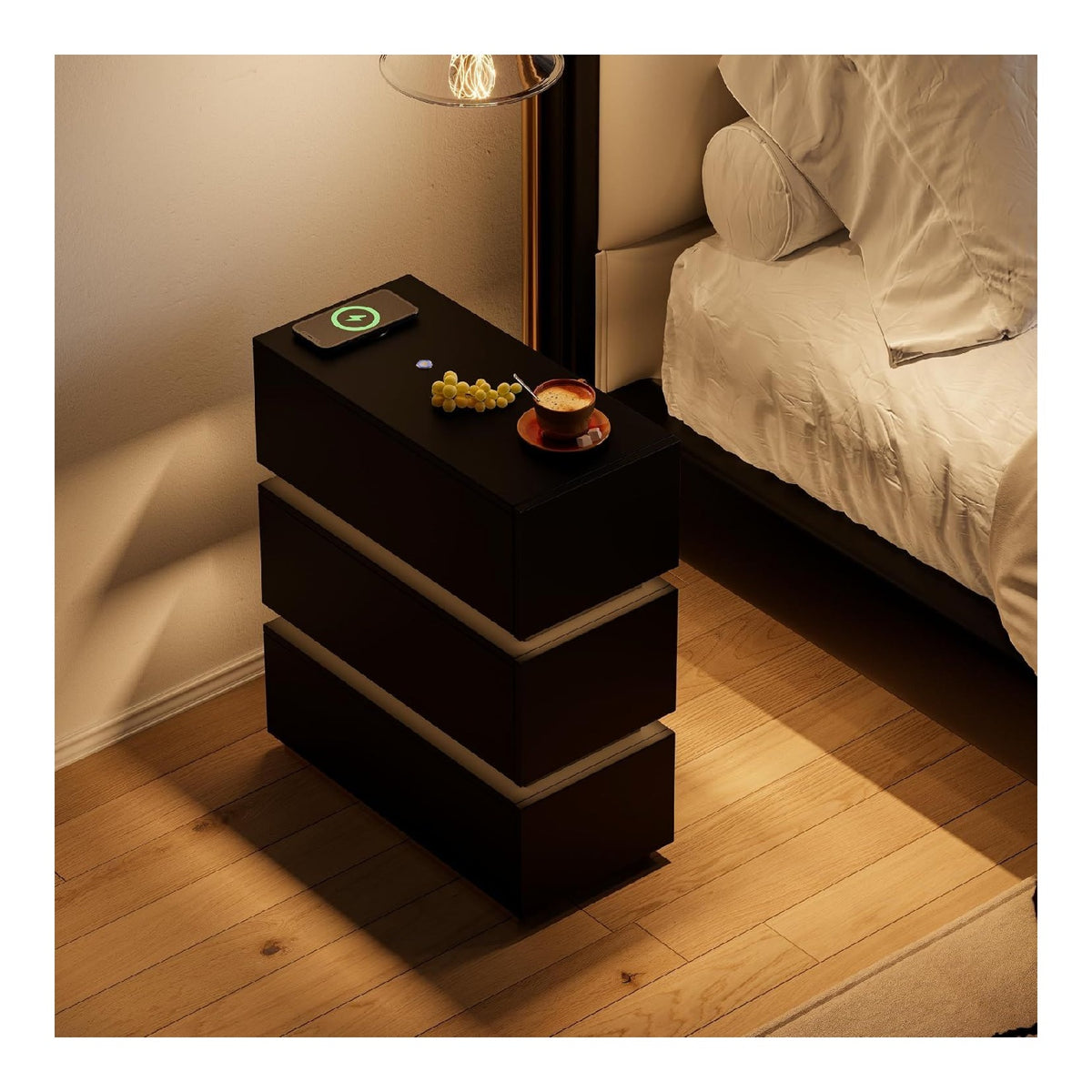 Smart Nachttisch mit Wireless Charging, USB & Type-C, Moderner LED Nachttisch mit Stauraum fur Schlafzimmer (Schmal 3 Schubladen, Schwarz)