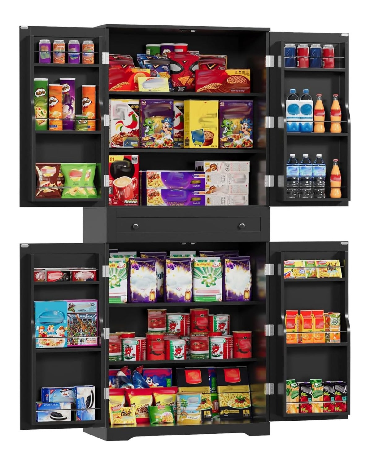 VOWNER Kuchenschrank, Kuchenbuffet Buffetschrank mit 12 Turregalen, Hochschrank mit Schranken, mit Verstellbaren Ablagen, Esszimmerschrank mit Schubladen, MDF, Spanplatte, 183 x 76 x 40 cm (Schwarz)