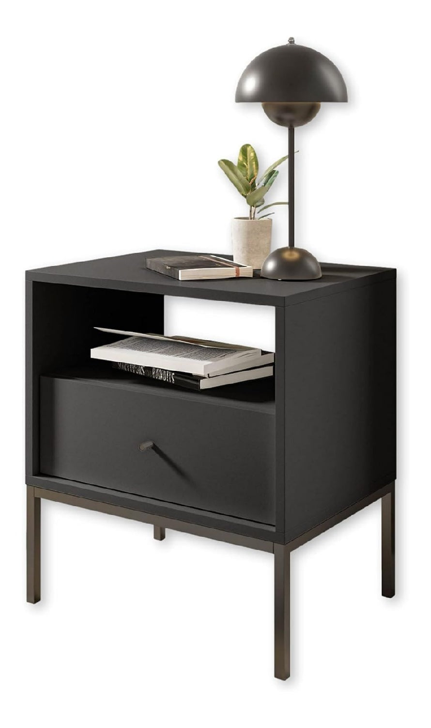 Nachttisch mit Metallgestell, Graphit - Moderner Nachtschrank mit Schublade und offenem Ablagefach - 54 x 57 x 39 cm (B/H/T)