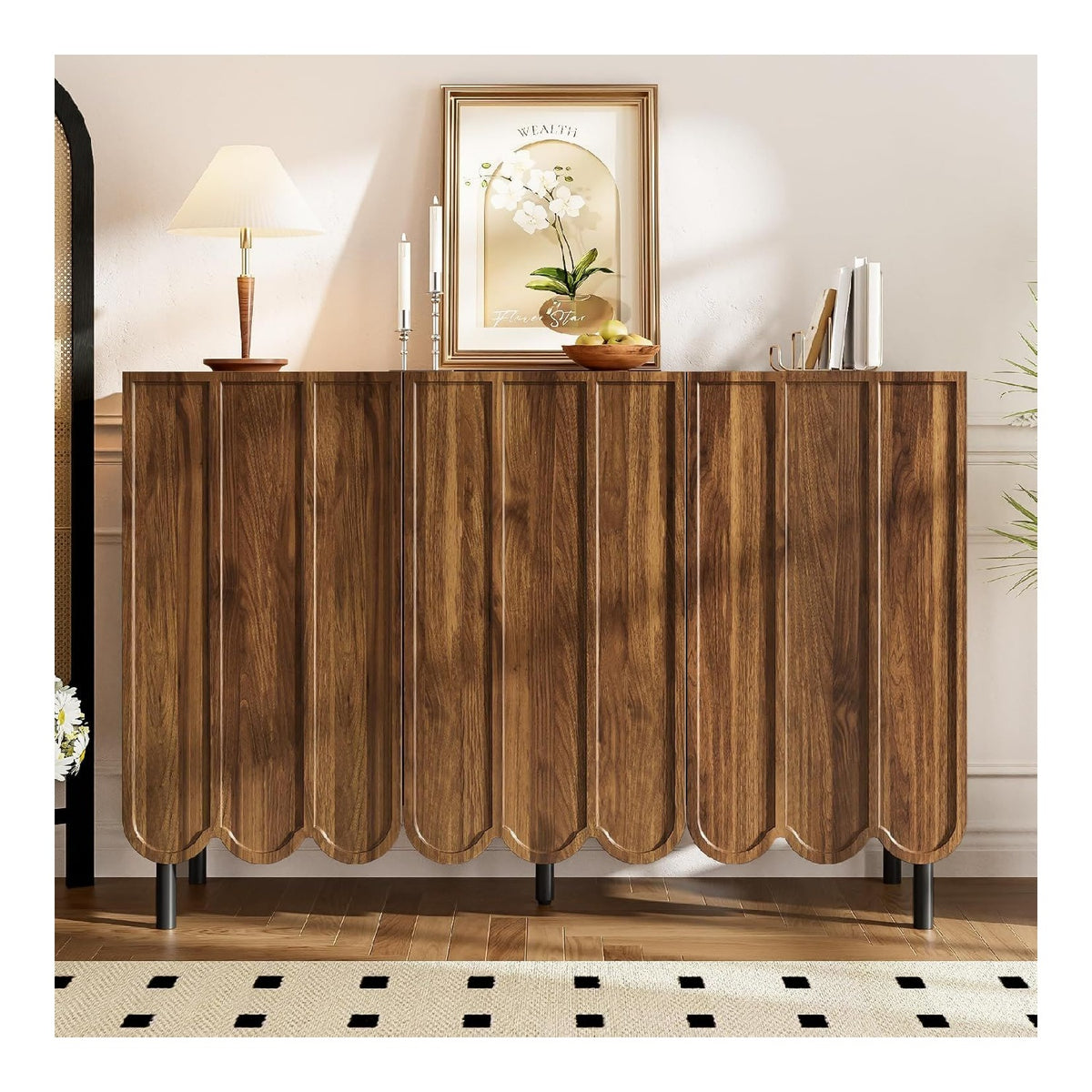 Sideboard 120x35x80 cm, Kommode mit Wellenturen, grifflos, verstellbare Regale, fur Wohnzimmer Esszimmer oder Flur, dunkle Holzfarbe