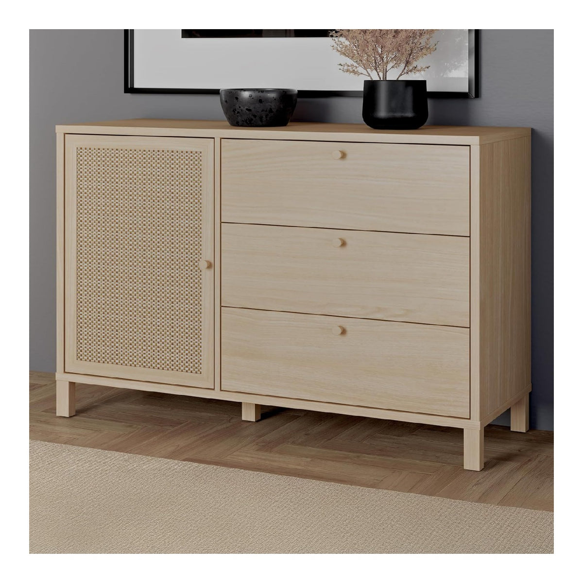 SKELBIT Kommode 120, Kommode im Boho-Stil, 1-turig, 3 Schubladen, Holzwerkstoff, Wohn-/Schlafzimmer, Elegancia Eiche Holzdekor Technorattan, 116,3 cm breit x 82,5 cm hoch x 42 cm tief