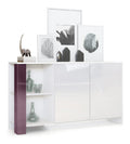 Sideboard Canto, Made in Germany, Lange Anrichte mit 2 Turen und 6 Fachern, Korpus Wei matt, Fronten Wei Hochglanz, Dekor-Paneele Brombeer Hochglanz (143 x 81 x 36 cm)