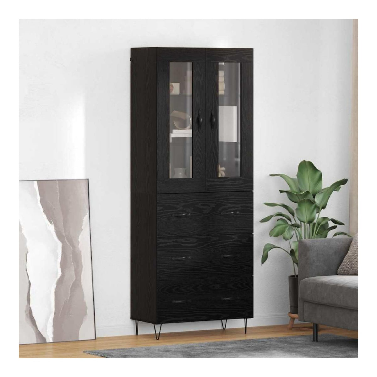 Modernes Highboard Schwarz Eichen-Optik 69,5 x 34 x 90 cm Holzwerkstoff Kommode mit Schubladen und Glasturen fur Wohnzimmer Esszimmer Flur Mobel