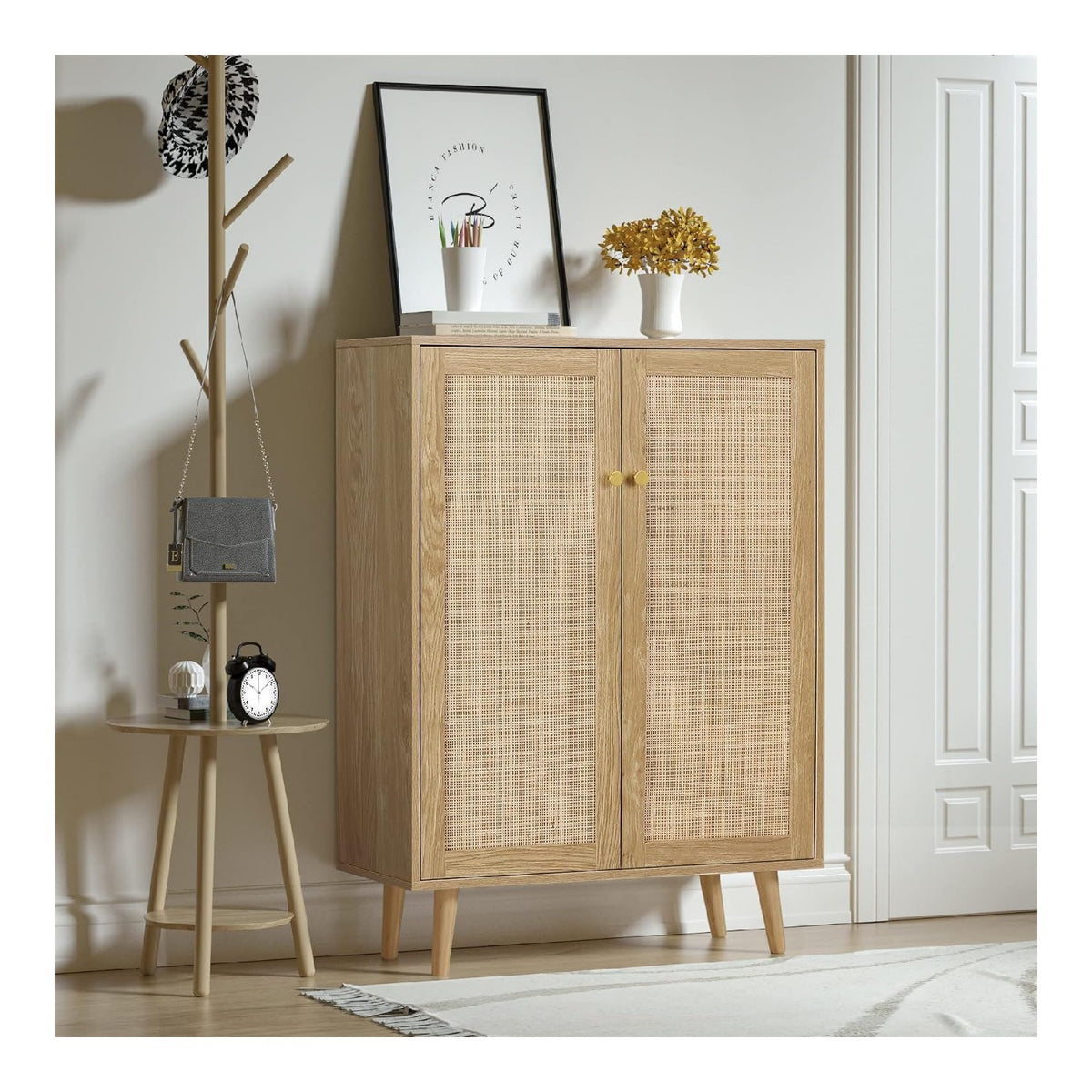 Natur Rattan Kuchenschrank, Sideboard mit 2 Turen, Buffetschrank fur Kuche Aufbewahrungsschrank Mobel, Konsolentisch Kaffeebarschrank TV-Stander fur Wohnzimmer, Esszimmer, Flur