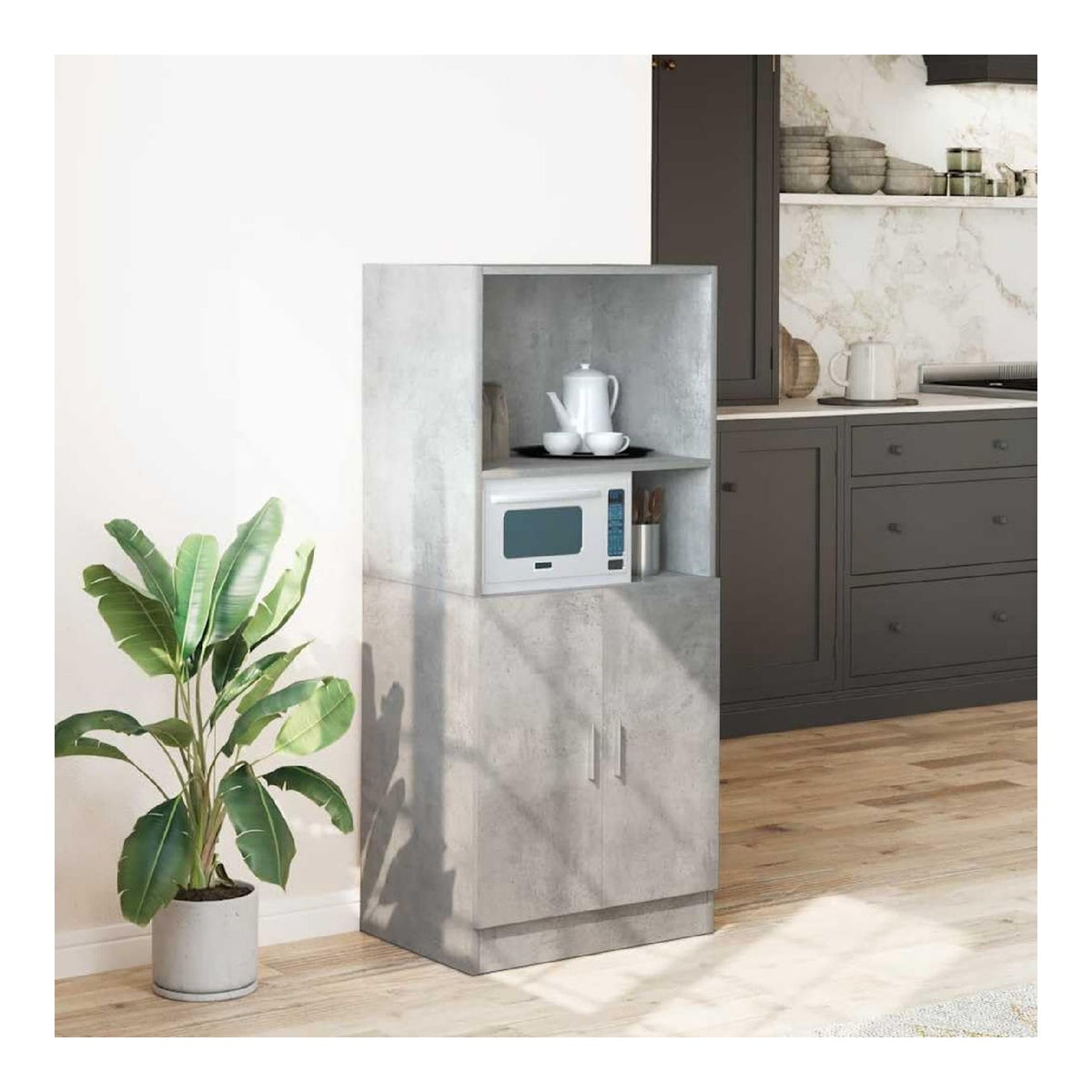 Betongrauer Kuchenschrank 57x41,5x131,5 cm Holzwerkstoff Mehrzweckschrank mit Turen und offenen Fachern fur Stauraum in Kuche, Esszimmer, Buro oder Hotel