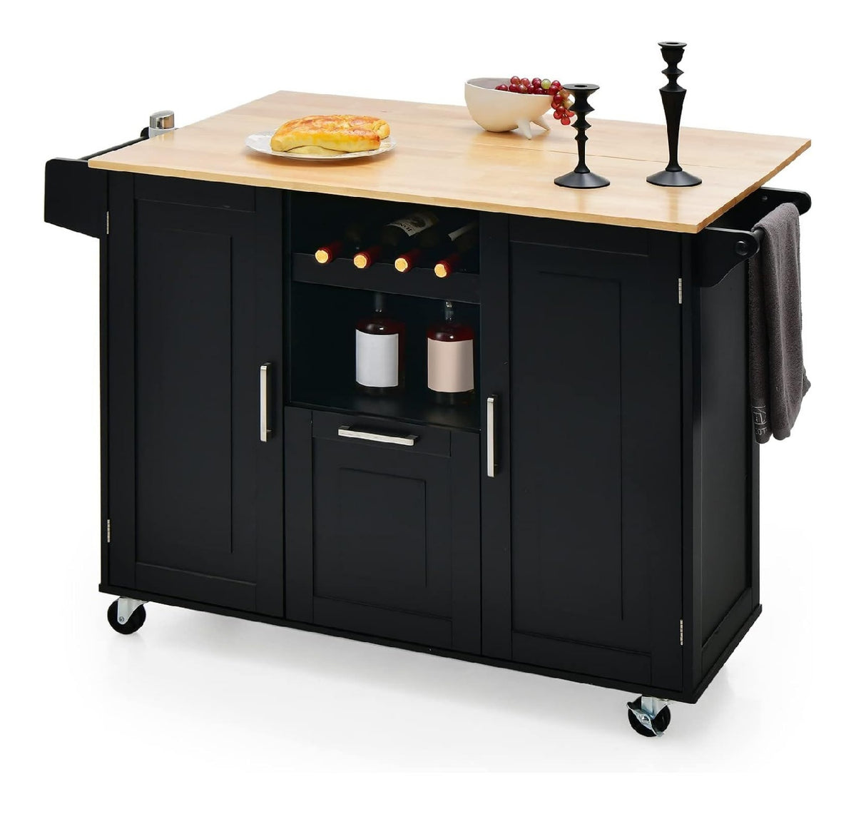 Kuchenwagen mit Faltbarer Tischplatte, bewegliche Kucheninseln mit Weinregal, offener Ablage & 2 Turschrank, Servierwagen mit 4 Universalrader & Handgriff, fur Kuche & Restaurant (Schwarz)