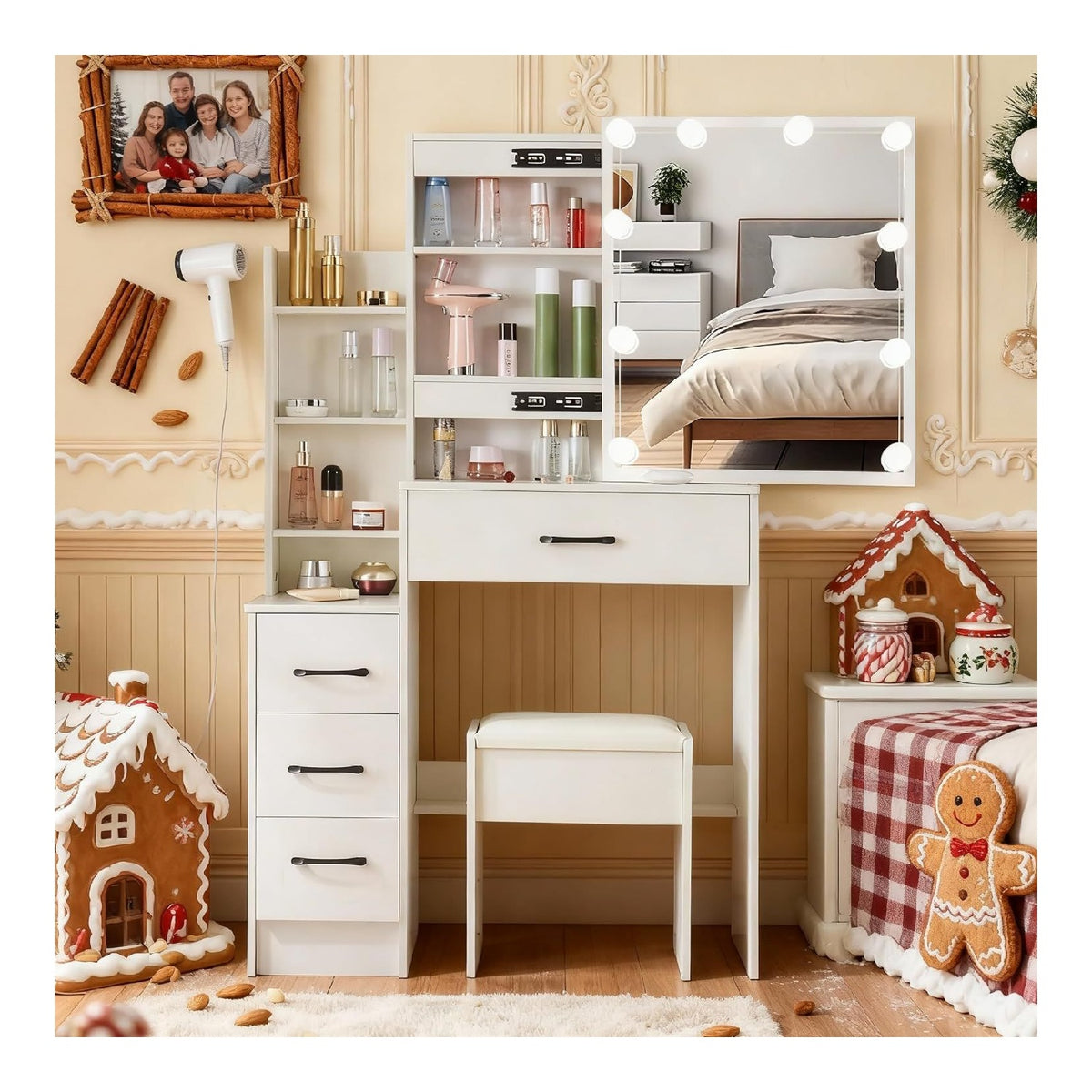 Schminktisch mit Beleuchtung und Hocker, Frisiertisch mit Verstellbarer Lichtfarbe und Helligkeit, Kosmetiktisch mit 6 Schubladen und 6 Ablagefachern fur Schlafzimmer 80x36x130 cm 03DE08