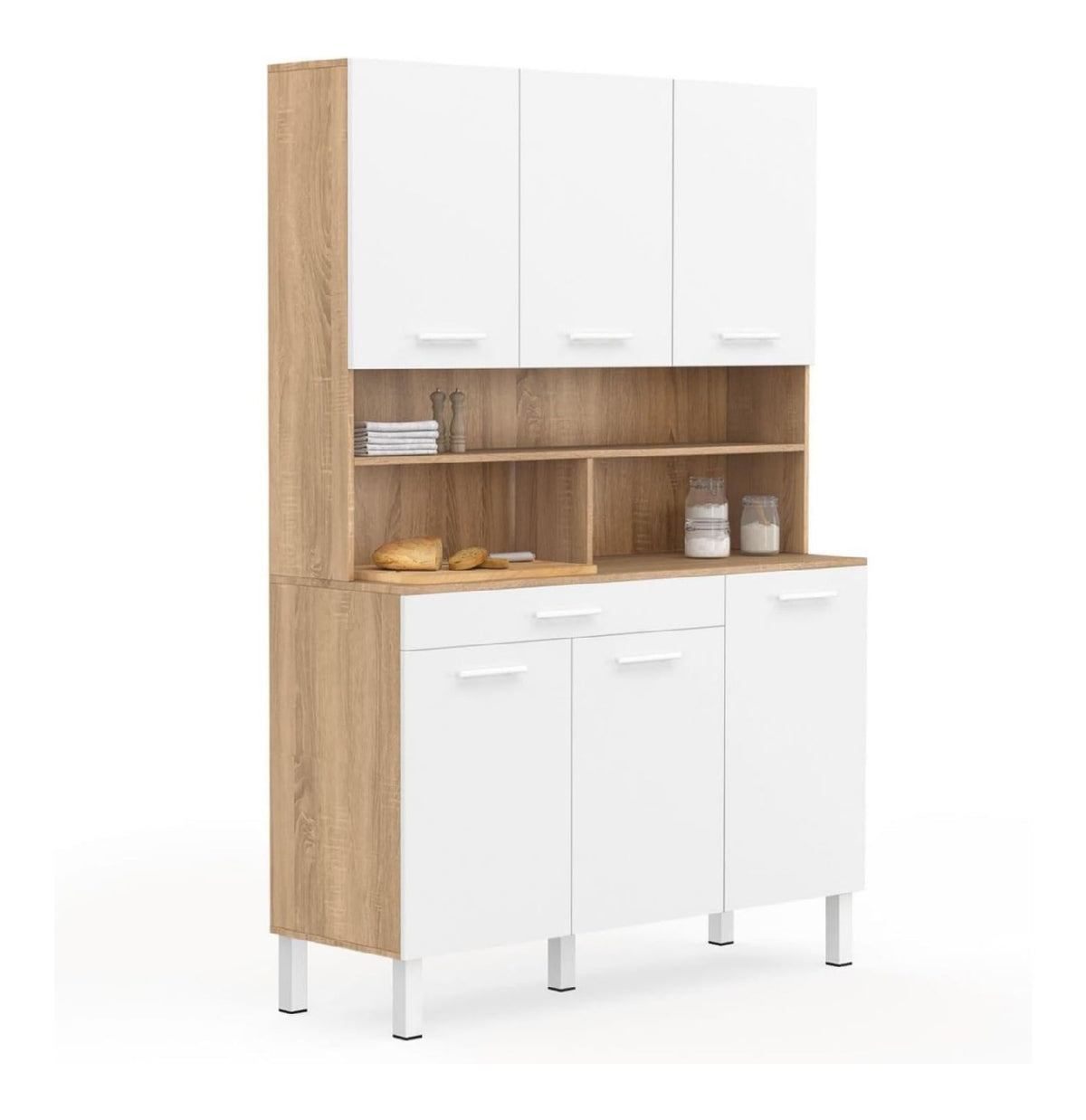Kuchenbuffet 120 cm CINA 6 Turen + Schublade in Buchenholzoptik und Wei