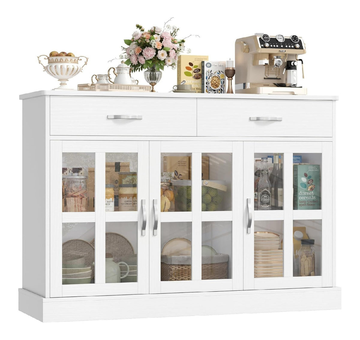 Kuchenschrank, Sideboard mit 3 Glasturen & Schubladen Buffetschrank