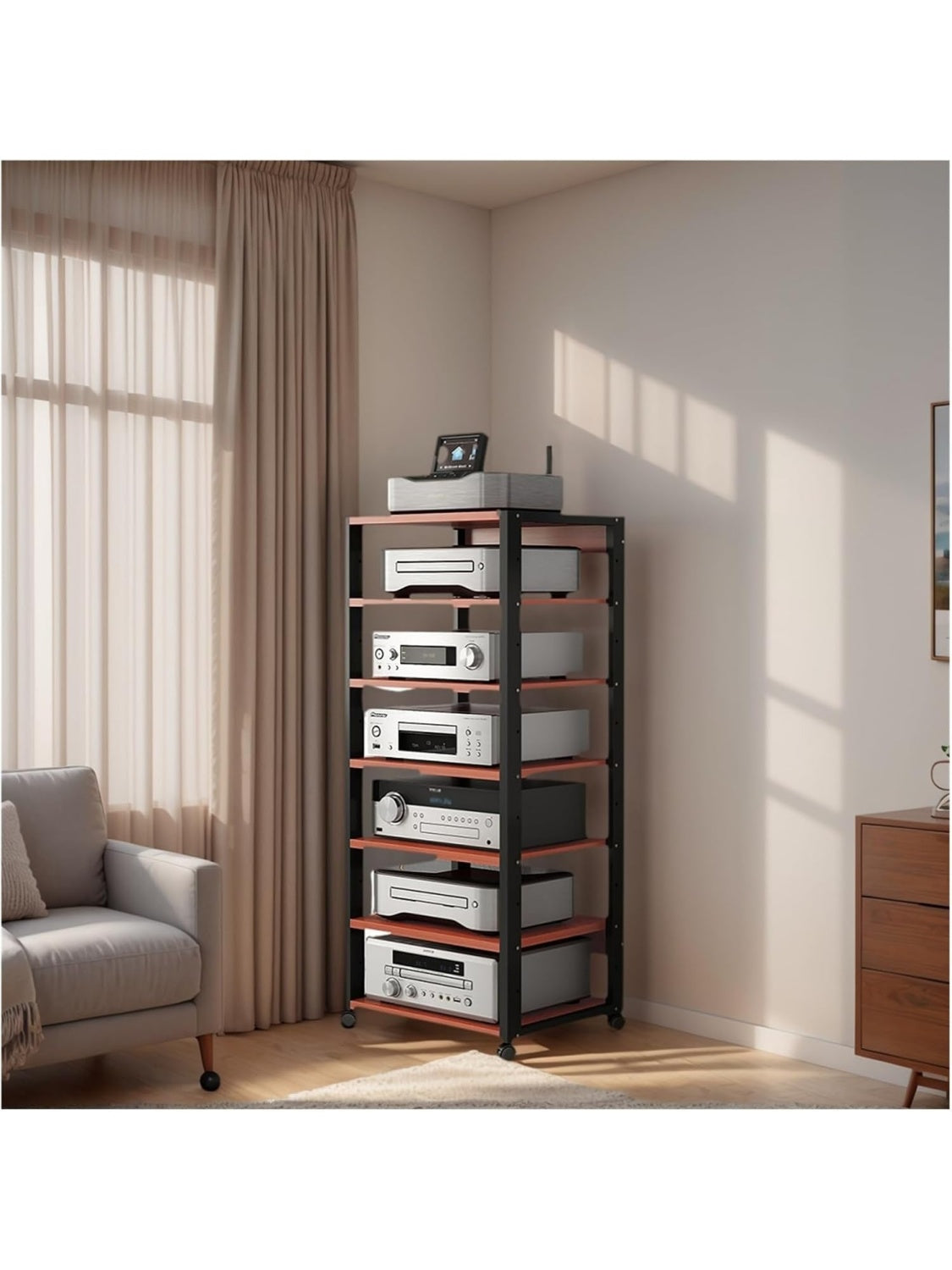 Verstellbares HiFi Regal mit sieben Ebenen und Rollen fur Audio Gerate