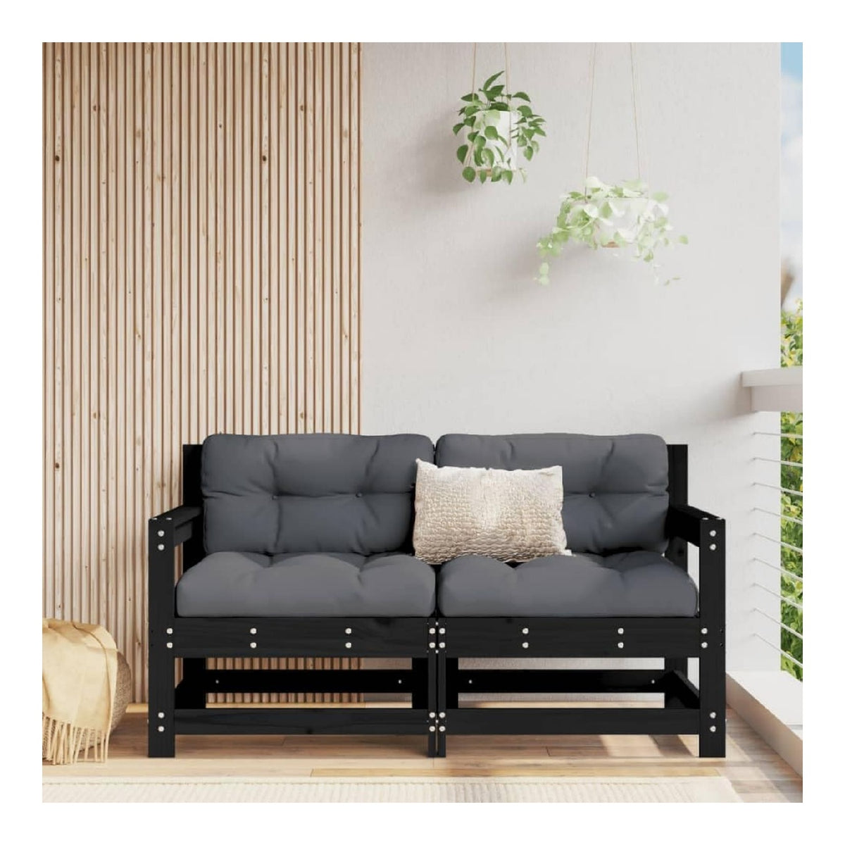 Ecksofas fur den Garten, 2 Stuck, schwarz, aus massivem Kiefernholz, Gartenmobel, Schlafsofa, Wohnzimmer, Couch, Sofas fur den Au enbereich, Wohnzimmer, Terrasse, Au enbereich