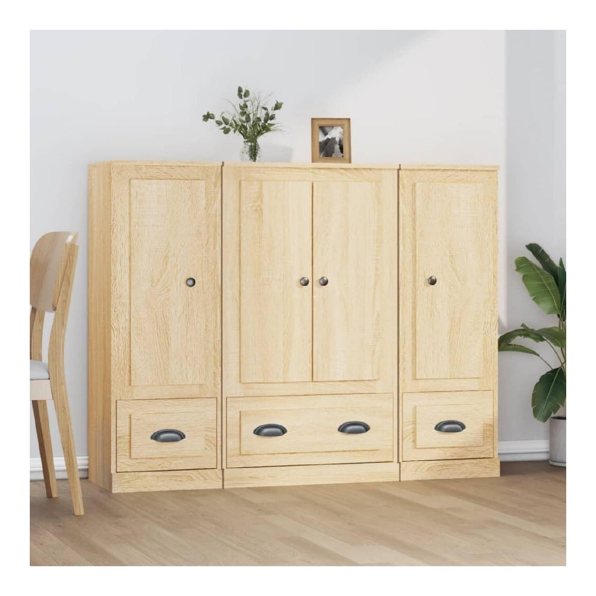 Hochwertige Highboards 3er Set Sonoma-Eiche Holzwerkstoff mit viel Stauraum fur Wohnzimmer Esszimmer Flur und Buro, platzsparende Konsole, Vitrine, Schrank, Anrichte, Buffet, Kommode, Regal