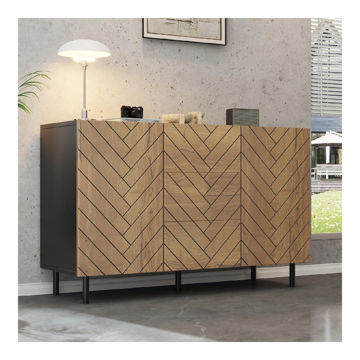 Sideboard 120cm, Kuchenschrank mit 3 Schubladen, 2 Turen, Schubladenschrank mit Breite Tischplatte, Stabile Beine, Landhausstil Buffetschrank fur Kuche Wohnzimmer Schlafzimmer, Holzfarbe&Schwarz