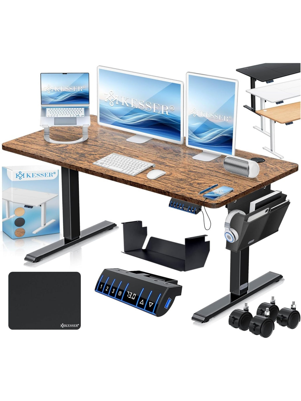 Elektrisch hohenverstellbarer Schreibtisch 120 x 60 cm mit USB Anschluss Rollen und Memory Funktion in Braun