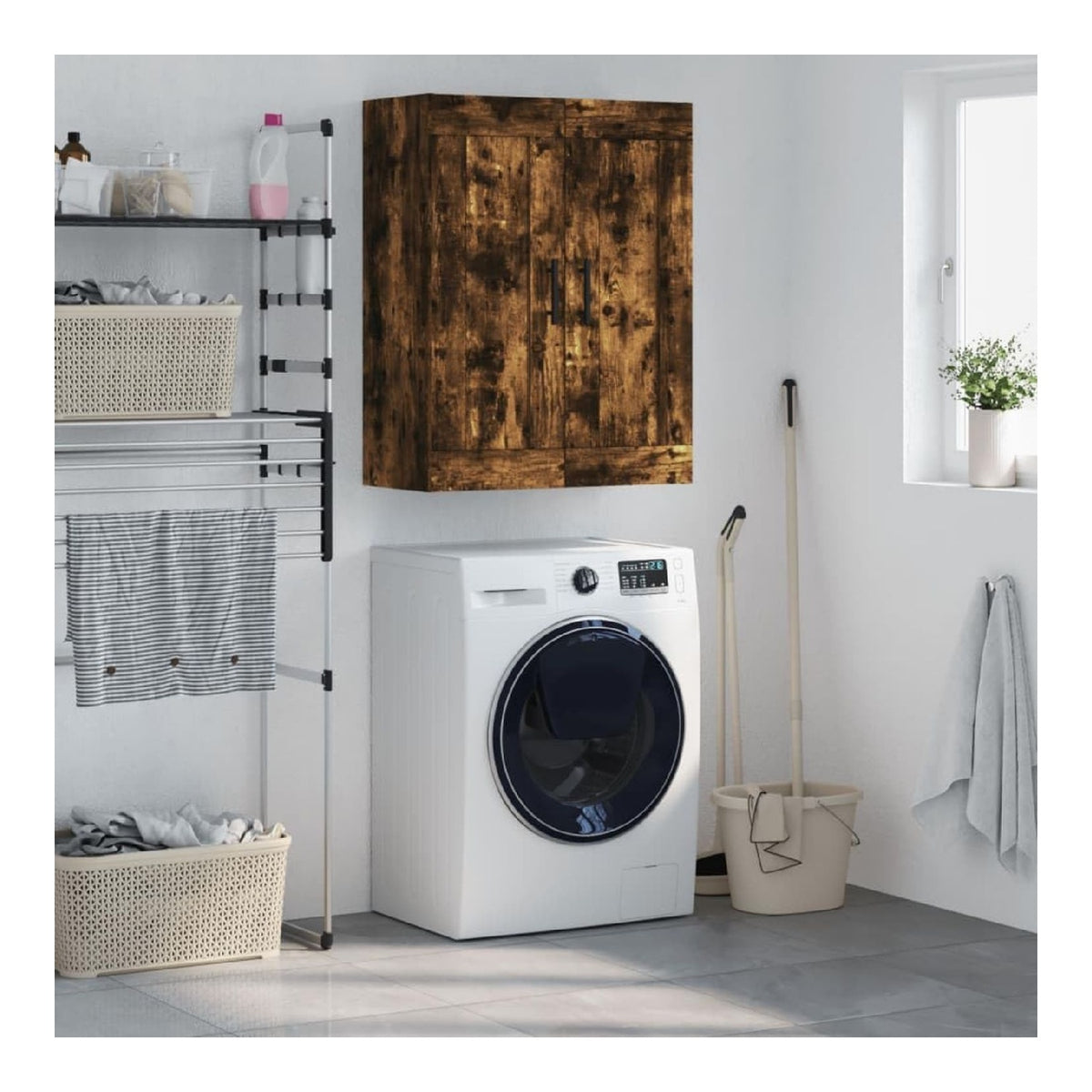 Sideboards fur Wohnzimmer, 69,5 x 34 x 90 cm, Eiche Rauchholz, mehrschichtiges Design, multifunktionales Buffet, praktische Seitentur, gro er Stauraum, zur Aufbewahrung von Gegenstanden des