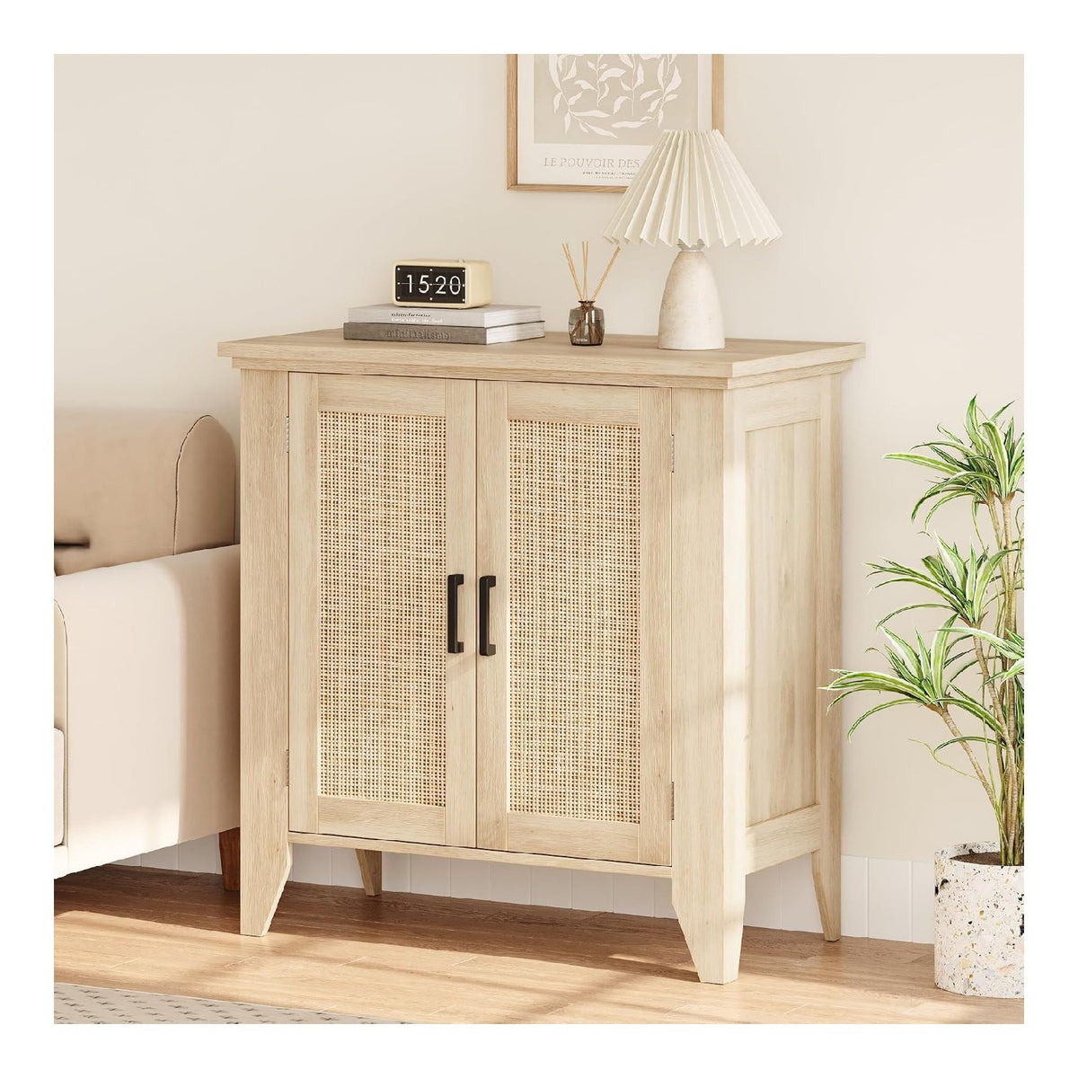 Kuchen Schrank mit Arbeitsplatte 2 Rattan Turen and Offenem Fach, Sideboard, Kuchenkommode, Buffetschrank fur Kuche Wohnzimmer Esszimmer, Verstellbare Ablage, Maximal 100kg, 80x40x76cm,Wei