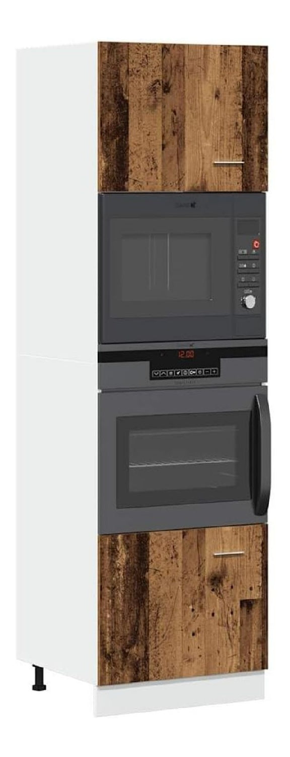 Mikrowellenschrank Lyon Altholz-Optik 60x57x207 cm Holzwerkstoff Kuchenschrank mit Stauraum fur Geschirr, Vorrat, Arbeitsplatte, Unterschrank, Sideboard, Kommode, Buffet, Hochschrank