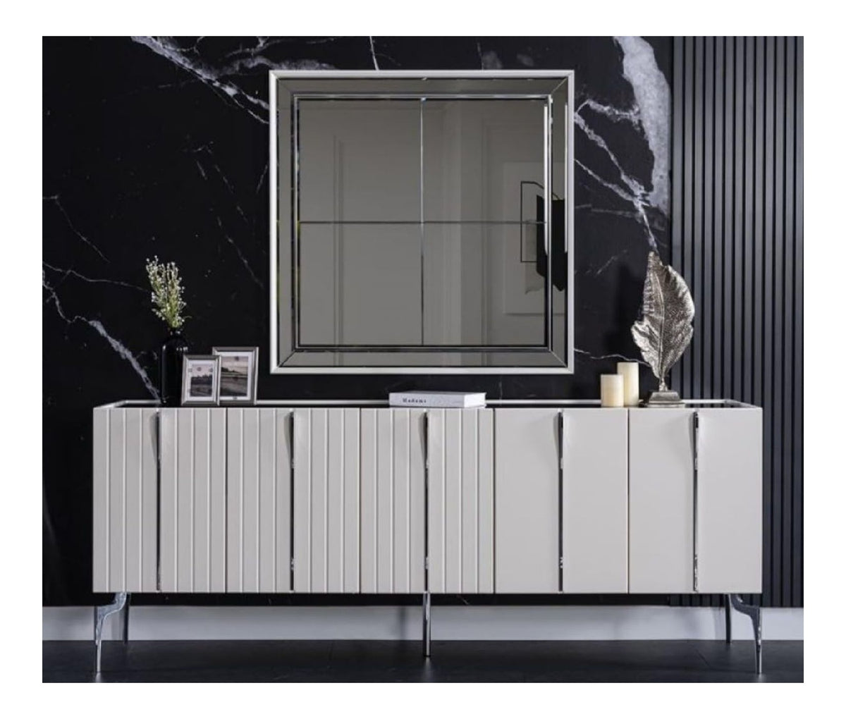 Luxus Art Deco Sideboard Wei /Schwarz/Silber 208 x 44 x H. 84 cm - Edler Schrank mit 5 Turen - Art Deco Mobel