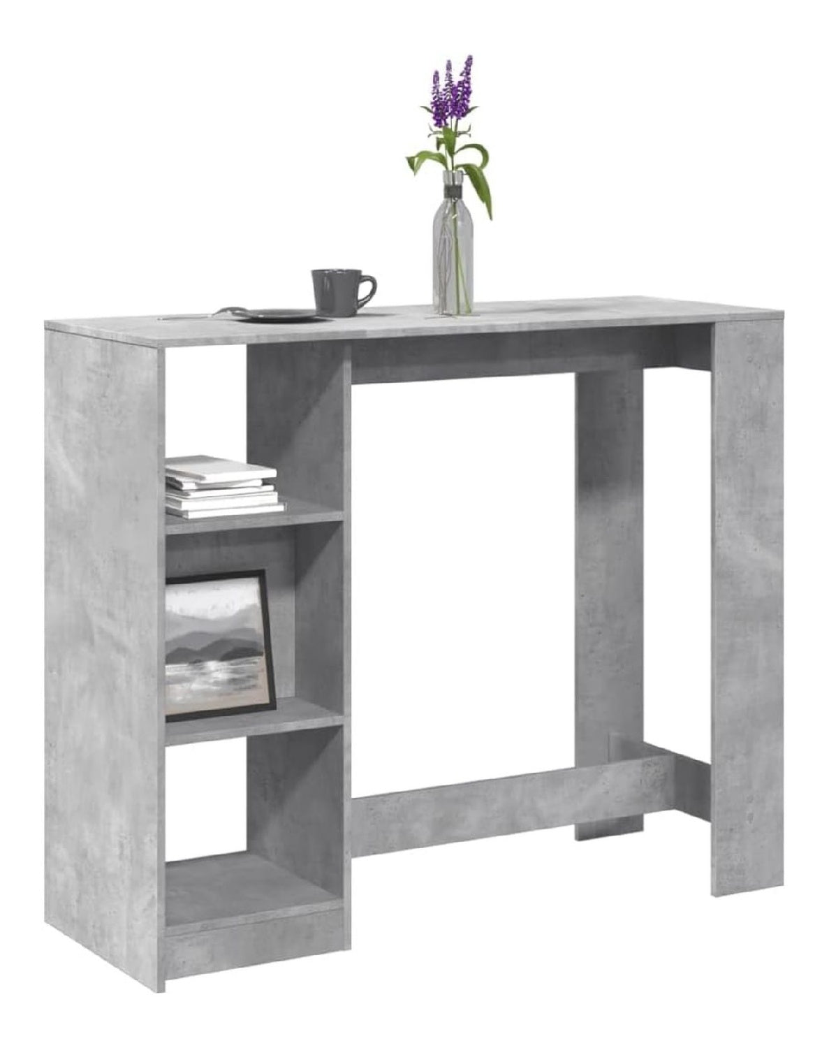 Bartisch mit Regal Betongrau 124x46x103,5 cm, Holzwerkstoff Kuchenmobel mit 4 Fachern, vielseitiger Esstisch fur Wohnzimmer und Essbereich
