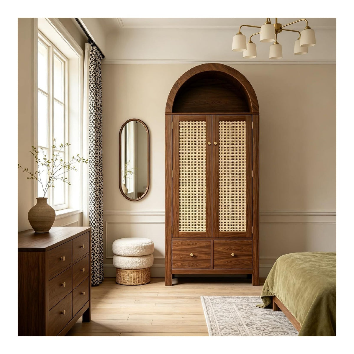 Arcus Gewolbter Kleiderschrank mit Rattan-Turen, 3 Staubereichen, 2 Schubladen fur Schlafzimmer & Eingangsbereich (Walnussfarbe)