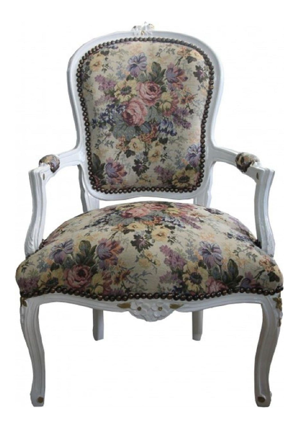 Barock Salon Stuhl Blumen Muster/Creme/Gold - Antik Design Mobel - Limited Edition
