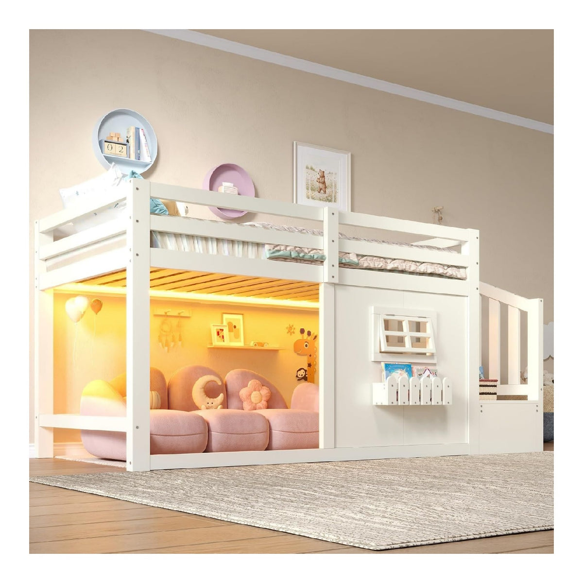 Kinder hochbett 90x200 Wei mit Fenster, Treppe & LED