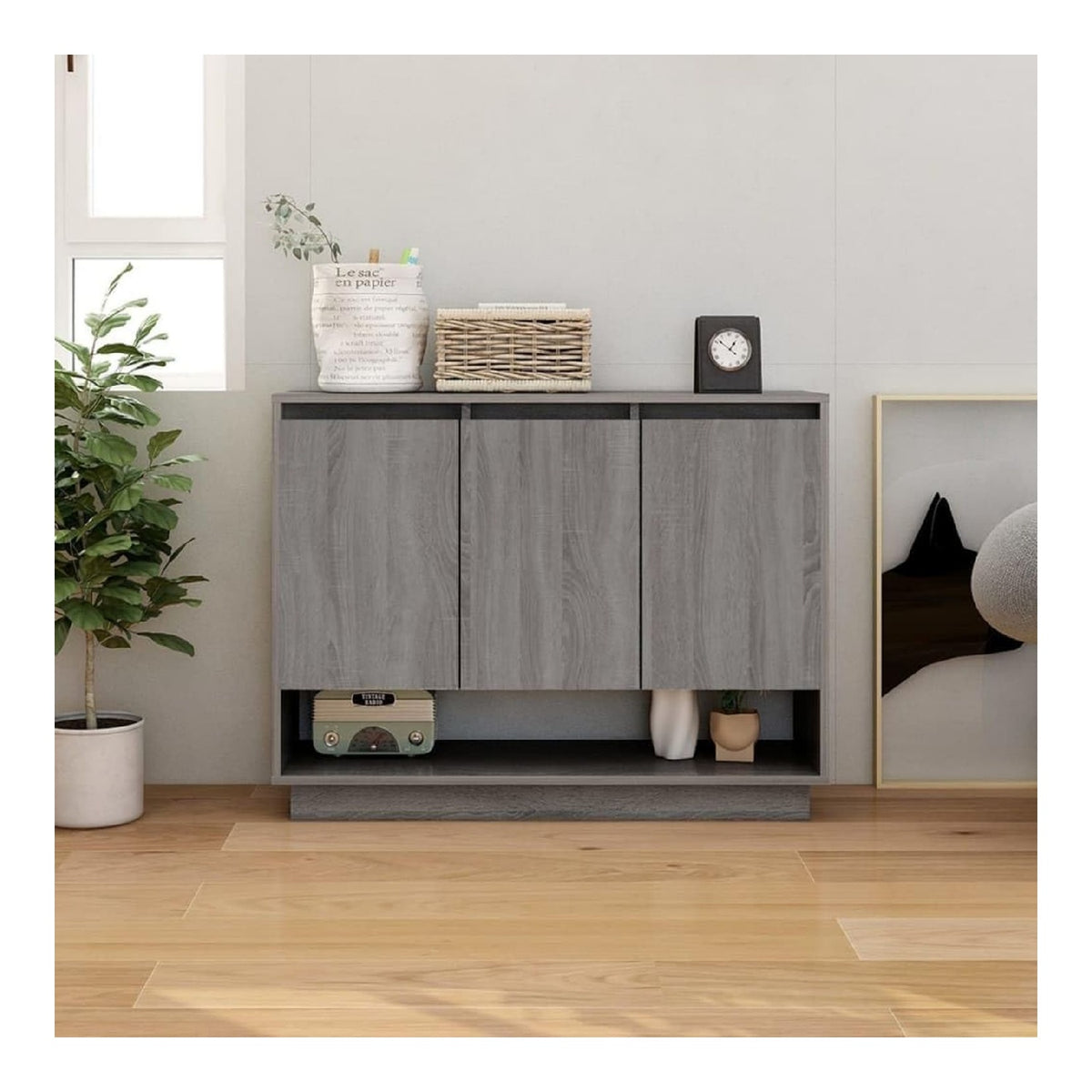 Sideboard Grau Sonoma 97x31x75 cm Holzwerkstoff Stauraum Schrank mit 3 Turen und offenem Fach fur Wohnzimmer Flur Bucher Dekoration Stabil und Langlebig