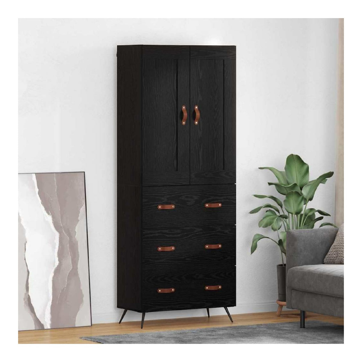 Hochwertiges Highboard Schwarz Eichen-Optik 69,5 x 34 x 180 cm Holzwerkstoff mit Schublade und 2 Turen vielseitiges Sideboard Buffet Cabinet fur Esszimmer und Kuche modernes Storage Cabinet