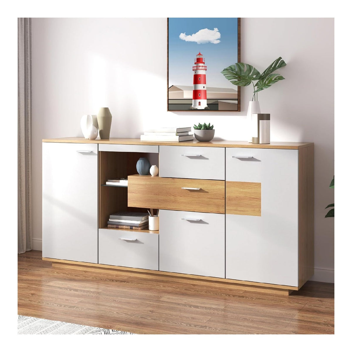 Kommode Holz, Modernen Sideboard mit LED-Beleuchtung & Glasablage, Schrank mit 2 Turen & 4 Schubladen, fur Wohnzimmer, Esszimmer & Schlafzimmer, 160x40x77 cm, Wei & Holzfarbe