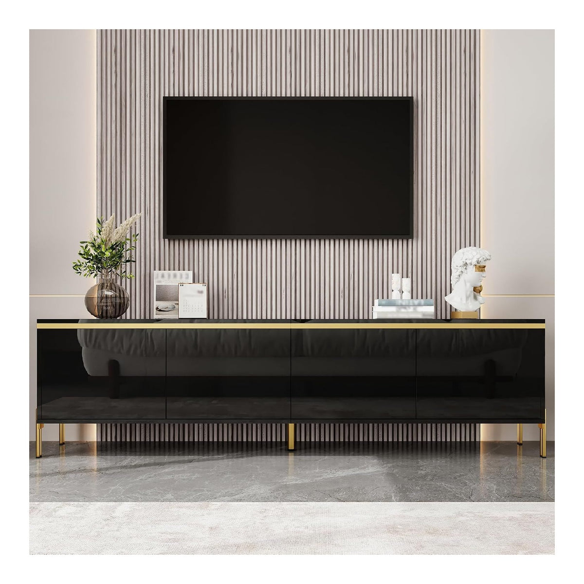 TV-Schrank Hochglanz mit 4 Turen Goldkantenband Moderner Lowboard