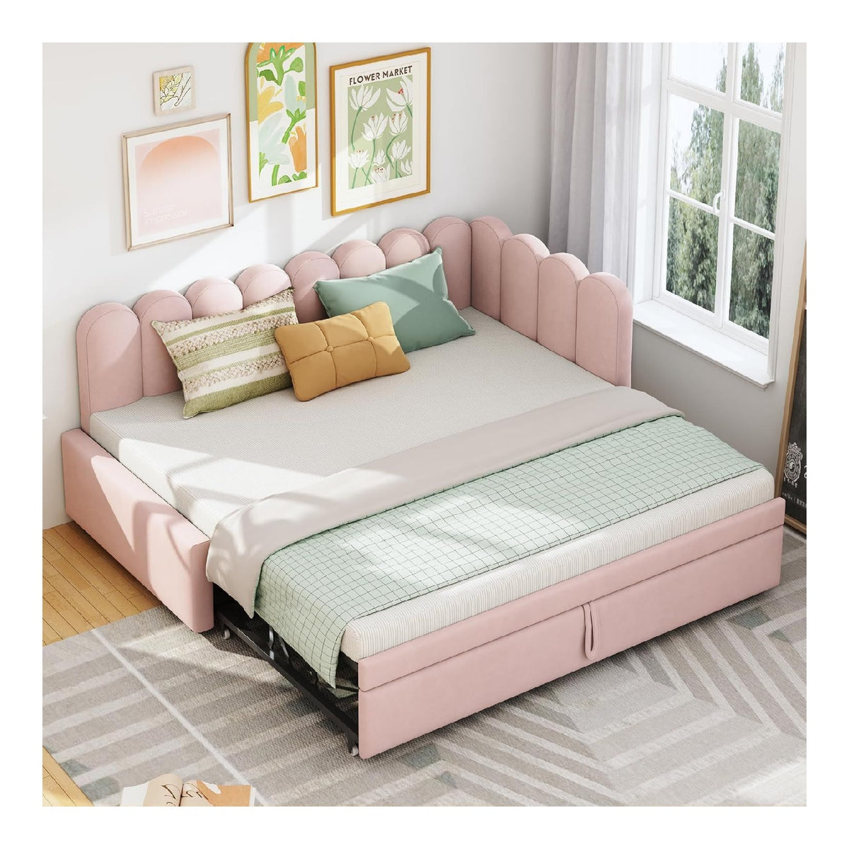 Kebnor 2-in-1 Multifunktions-Schlafsofa in L-Form (90/180 x 200 cm), Samt Polsterbett Platzsparendes Design Kann als Kinderbett oder Gastebett genutzt Werden,Rosa (Ohne Matratze)