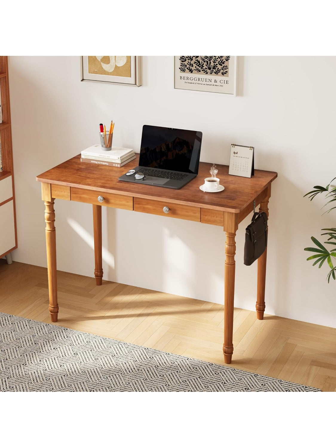 Mid Century Schreibtisch aus massivem Kautschukholz 100 x 55 cm mit zwei Schubladen und Haken in Walnussoptik