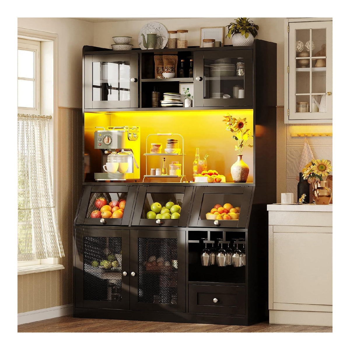 Kuchenschranke (120 x 40 x 181.7 cm), Hochschrank mit USB-Anschluss, multifunktionaler Stauraum fur Kuche Esszimmer, Sideboards mit Glasturen und LED-Beleuchtung, Schwarz