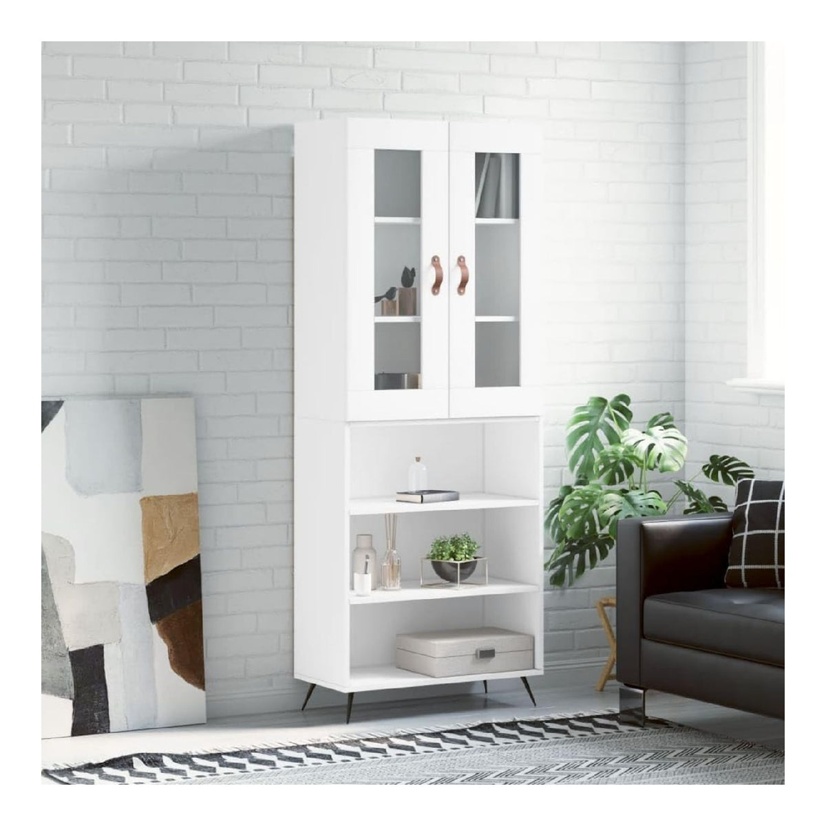 Highboard Weiss 69,5x34x180 cm Holzwerkstoff Stauraumschrank mit Tueren und Metallfuessen modern Fuer Wohnzimmer und Flur