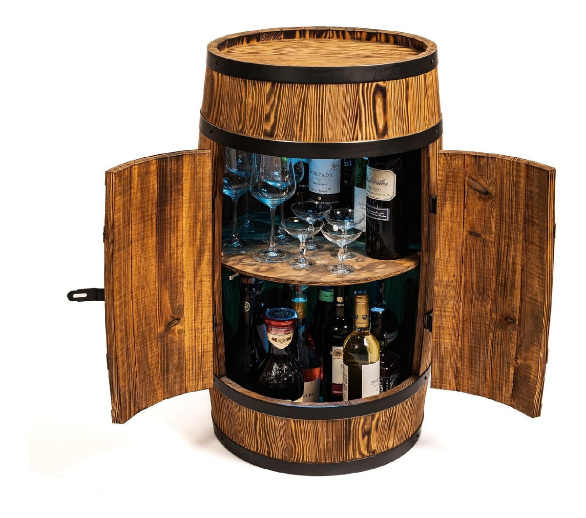 CREATIVE COOPER Weinfass Stehtisch mit Tur und LED RGB - Alkoholschrank Flaschenregal Holz - Holzfass - Fassmobel - Wineregal - Weinbar - Fass bar mit Tur - 80Cm (Sonnenverbranntes wenge)