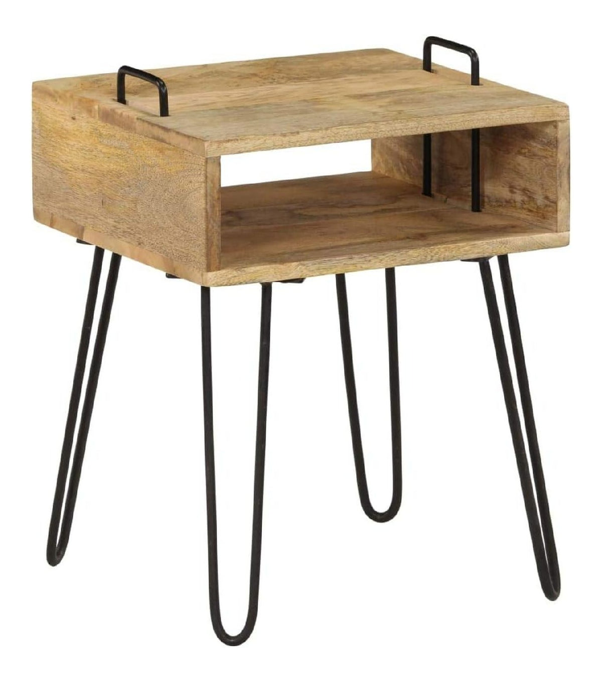 Nachttisch Massivholz Mango 40x34x47 cm, Industrieller Stil Schlafzimmer Beistelltisch mit Ablage, Poliert & Lackiert, Robuster Stahlrahmen, Langlebiges Schlafzimmermobel