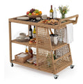 Servierwagen mit Rollen, Rattan Kuchenwagen mit Arbeitsplatte & offenen Ablagen & seitlichem Griff, Outdoor Rollwagen fur Kuchen, Esszimmer & Garten, 98 x 54 x 92 cm, Natur